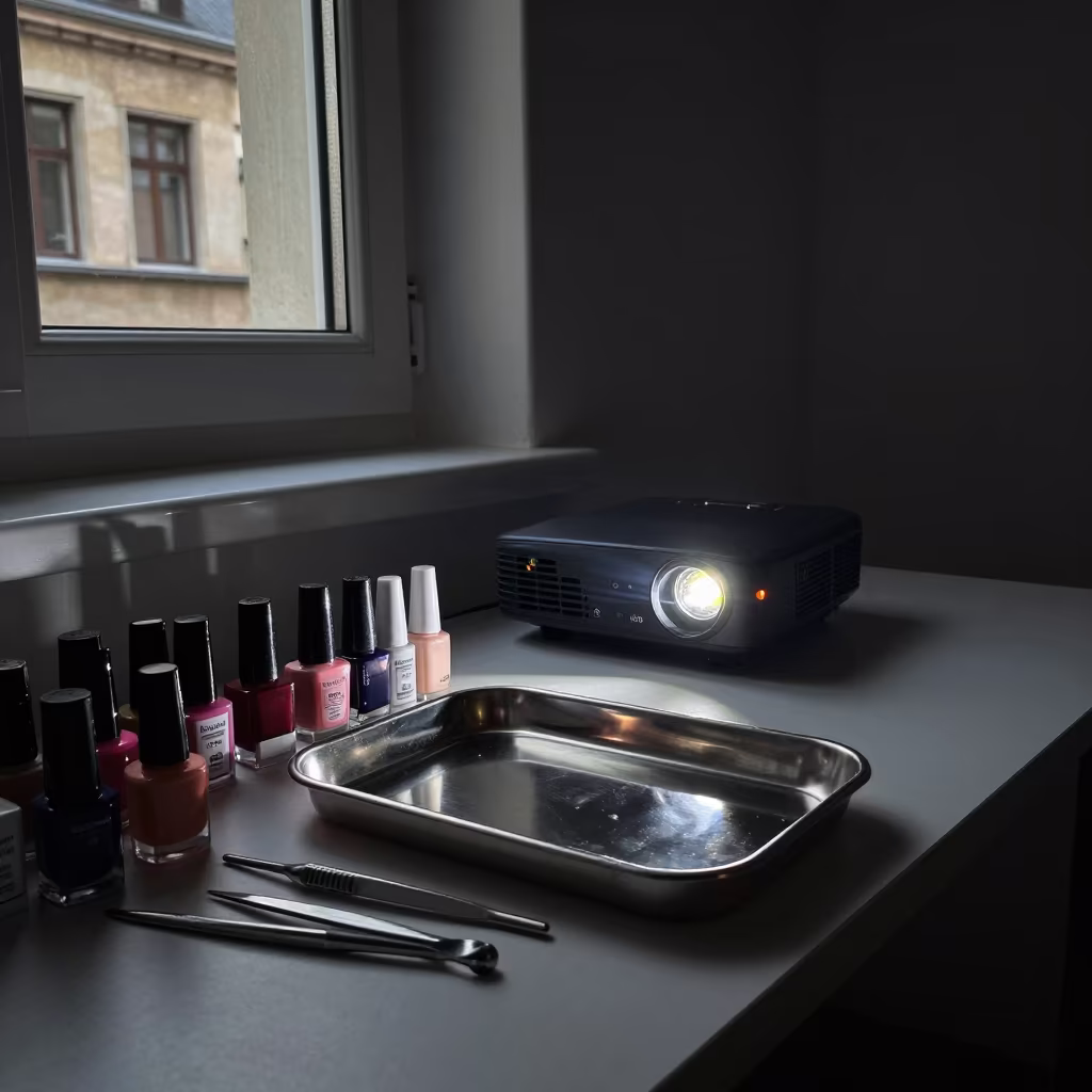 Nail Studio Wall with Tools in Predawn Glow in inside a nail studio in Portus Ganda, Ghent