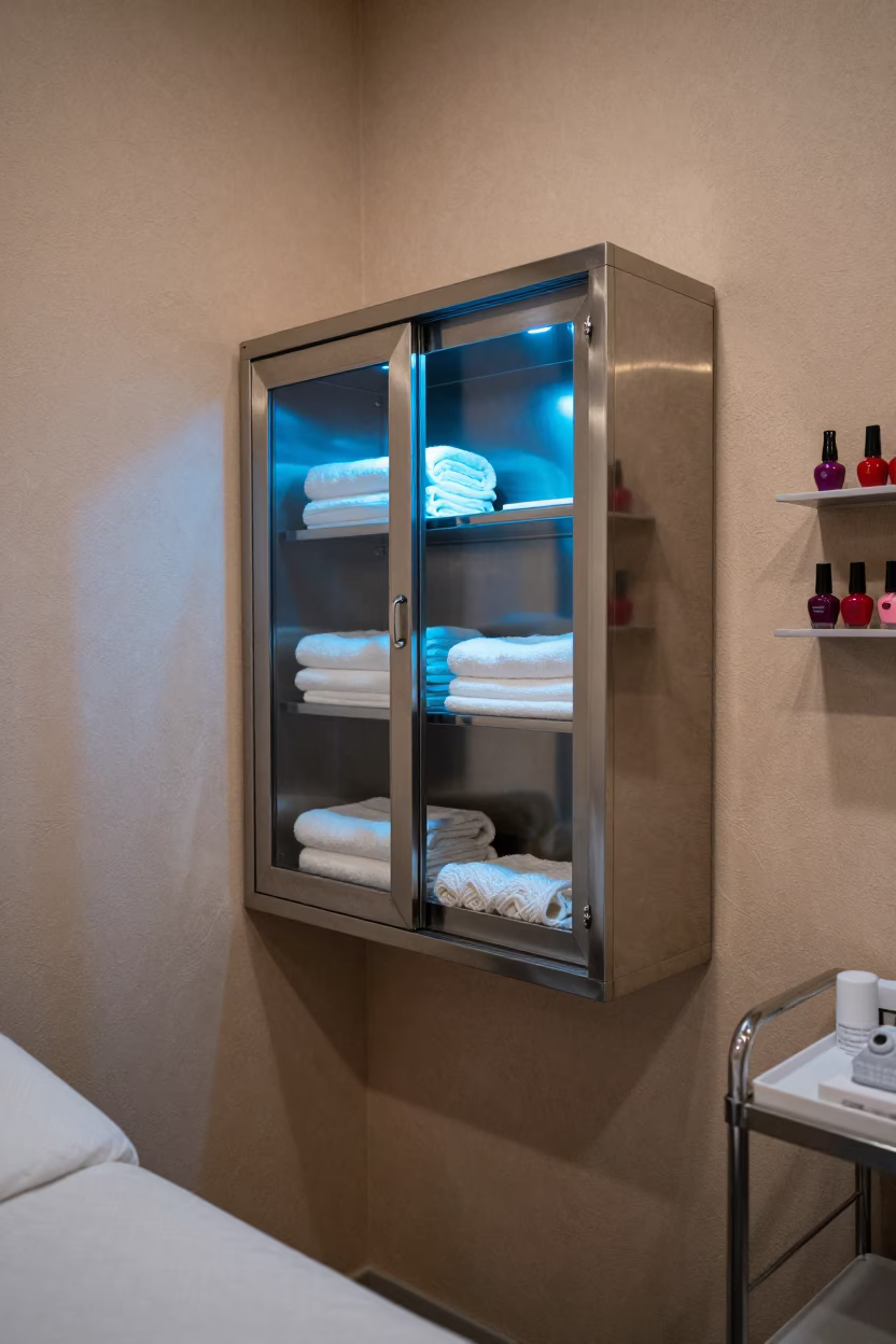 Nail Studio Wall Towel Cabinet Blue Hour in inside a skincare treatment room in Vehari