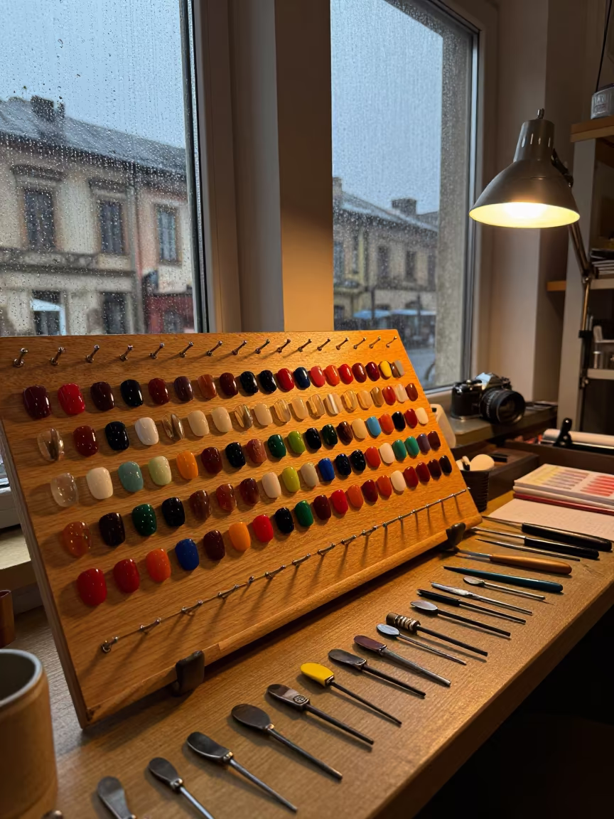 Nail Swatch Pegboard Evening Goldsmith Bench in at a goldsmith bench in a bazaar jewelry lane in Lodz