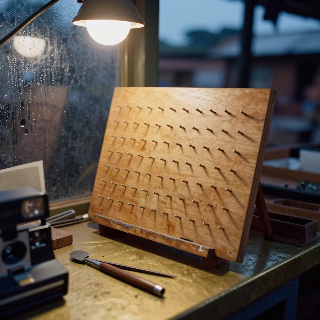 Nail Swatch Pegboard Goldsmith Bench Kampala Evening in at a goldsmith bench in a bazaar jewelry lane in Kampala