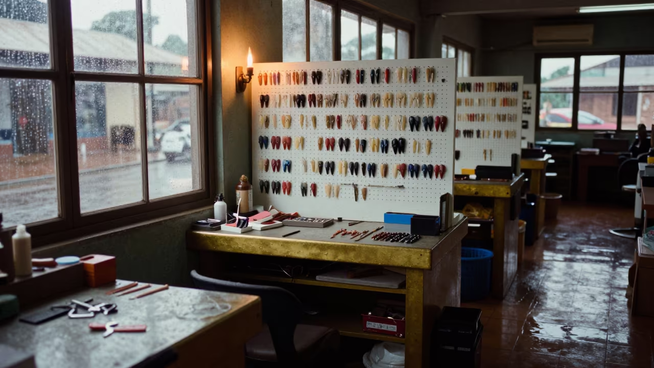 Nail Swatch Ring Pegboard Goldsmith Bench Yaounde in at a goldsmith bench in a bazaar jewelry lane near Yaounde
