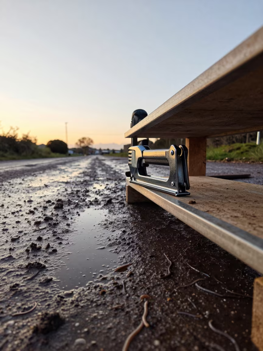 Nailer Shelf Mud Road UK Golden Hour in at a muddy site access road in United Kingdom