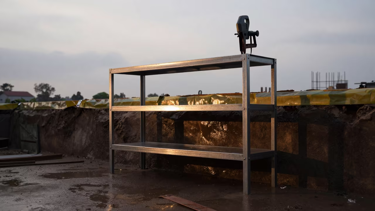 Nailer Shelf in Twilight Shadow After Rain in inside a taped-off excavation edge near Pathein