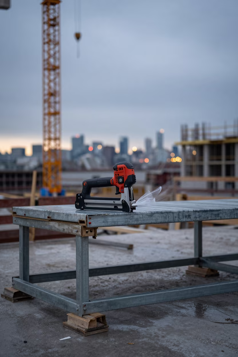 Nailer Shelf Under Crane After Rain in beneath a tower crane on open ground in Toronto