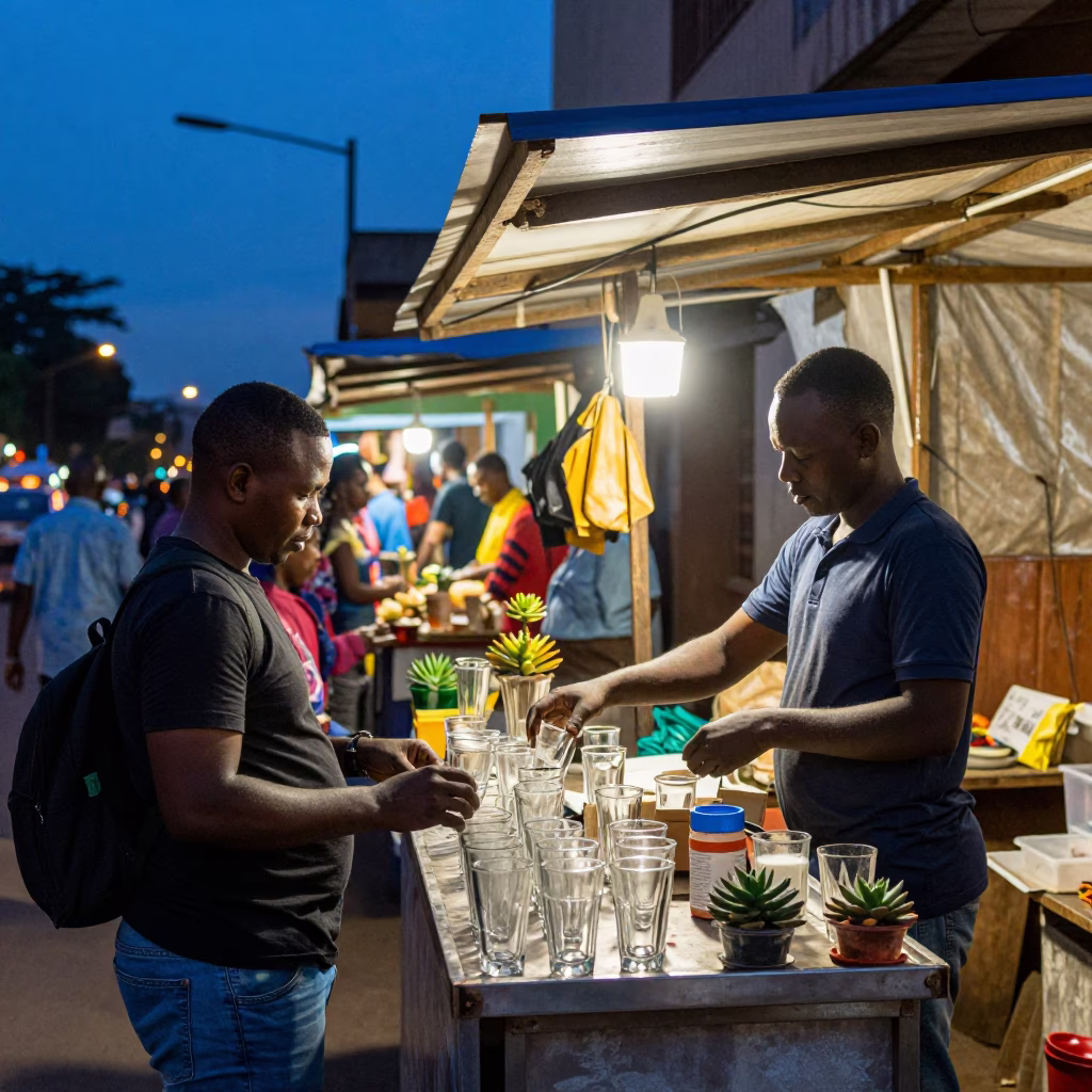 Nairobi Blue Hour Street Scene with Glass Tumblers and Succulents in in Nairobi, Kenya