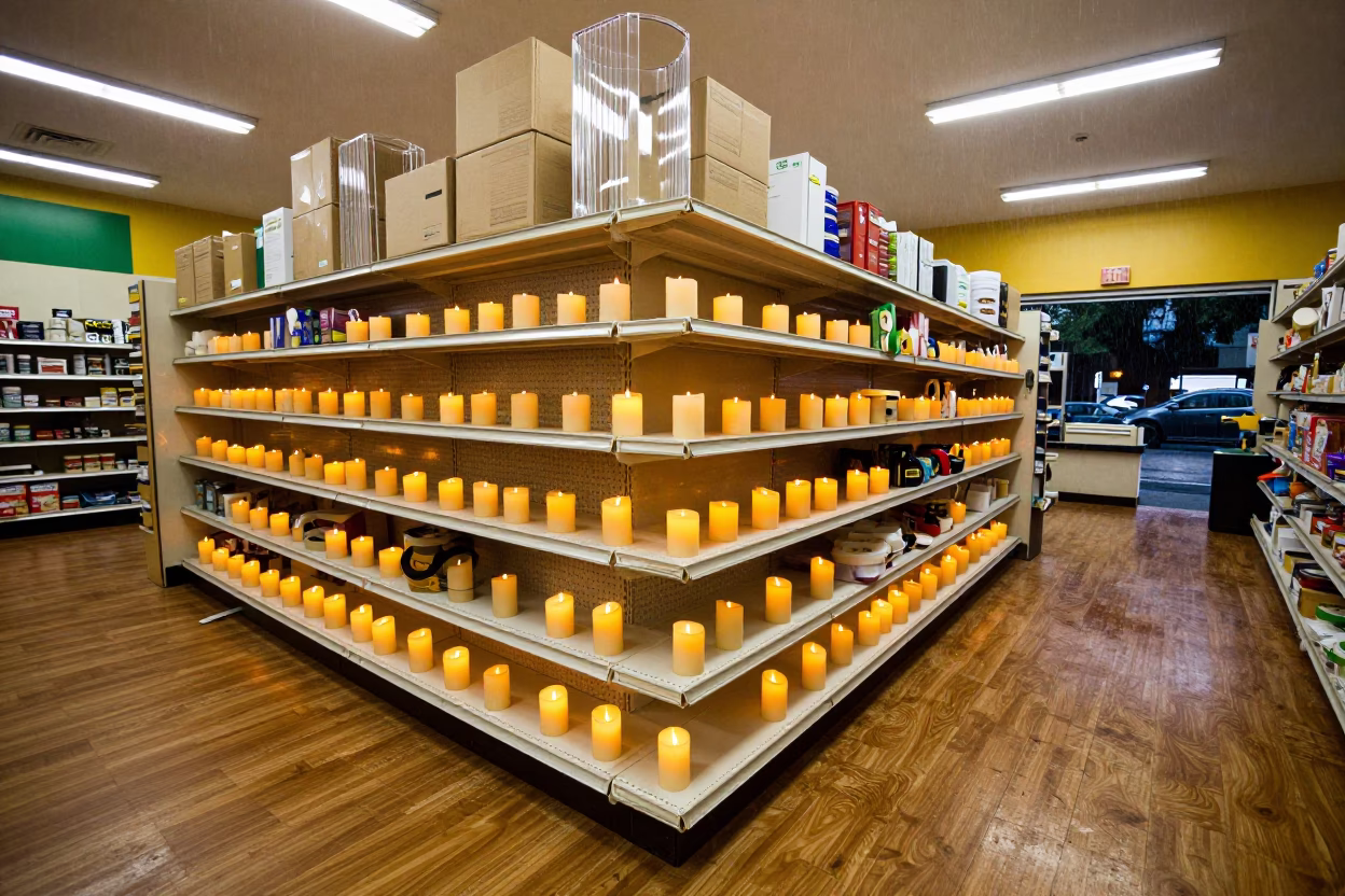 Nairobi Checkout Shelf Candlelight Reflections in at a checkout lane under flat store light near Nairobi