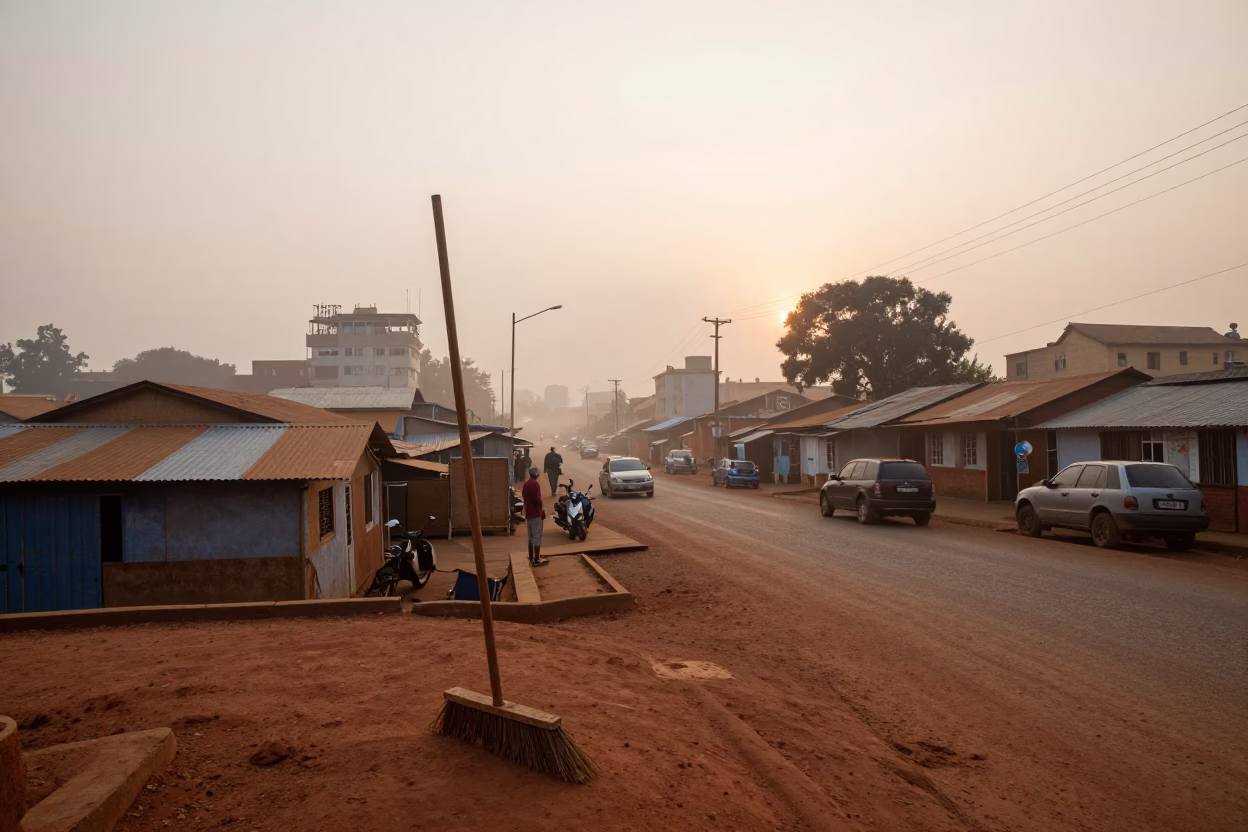Nairobi Dawn Street Scene with Hand Broom and Morning Commuters in in Nairobi, Kenya