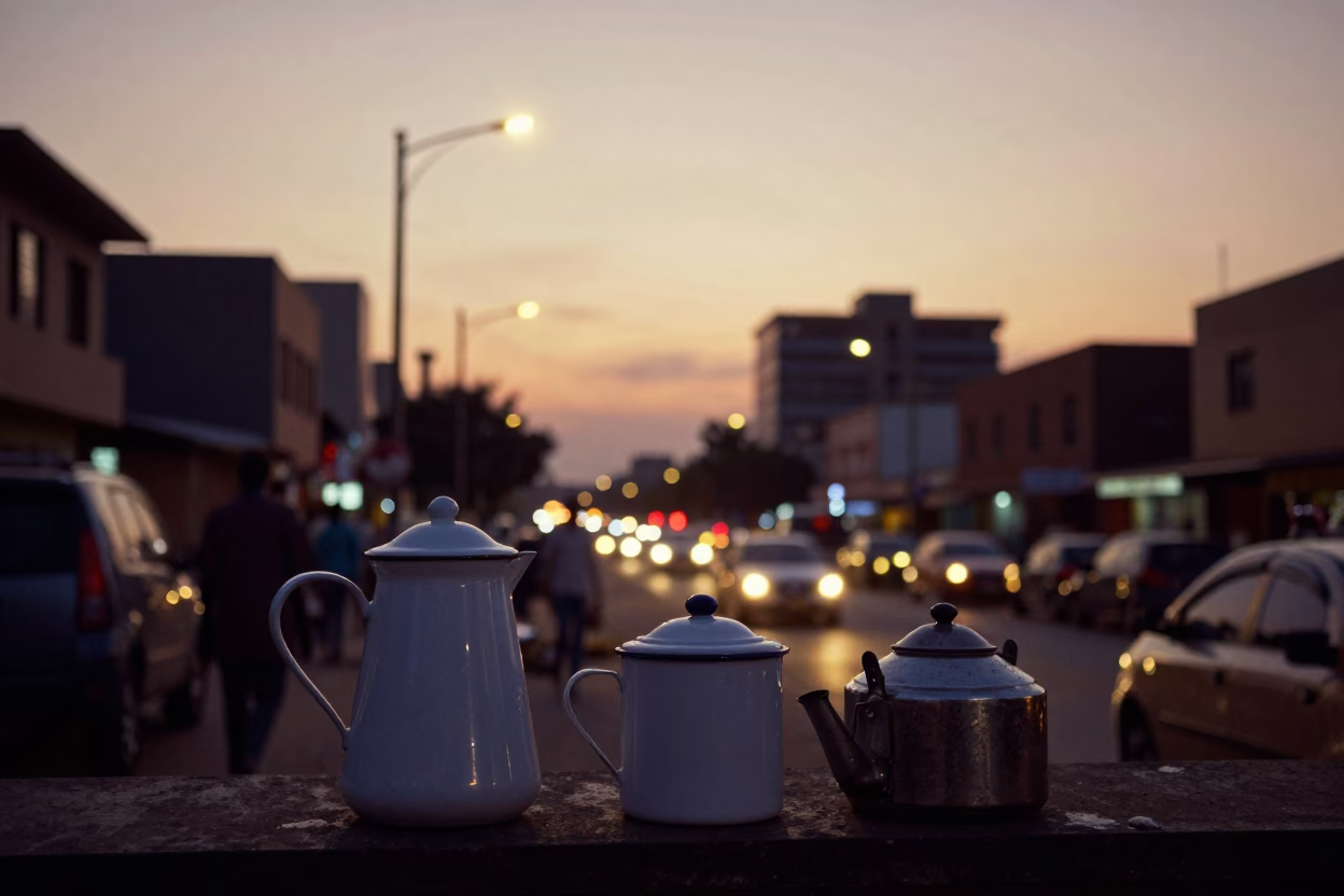Nairobi Evening Street Scene with Enamel Pitcher and Kettle at Dusk in in Nairobi, Kenya