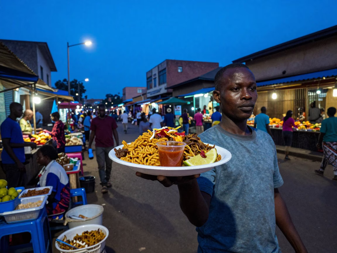 Nairobi Evening Street Scene with Local Food and Market Items in in Nairobi, Kenya
