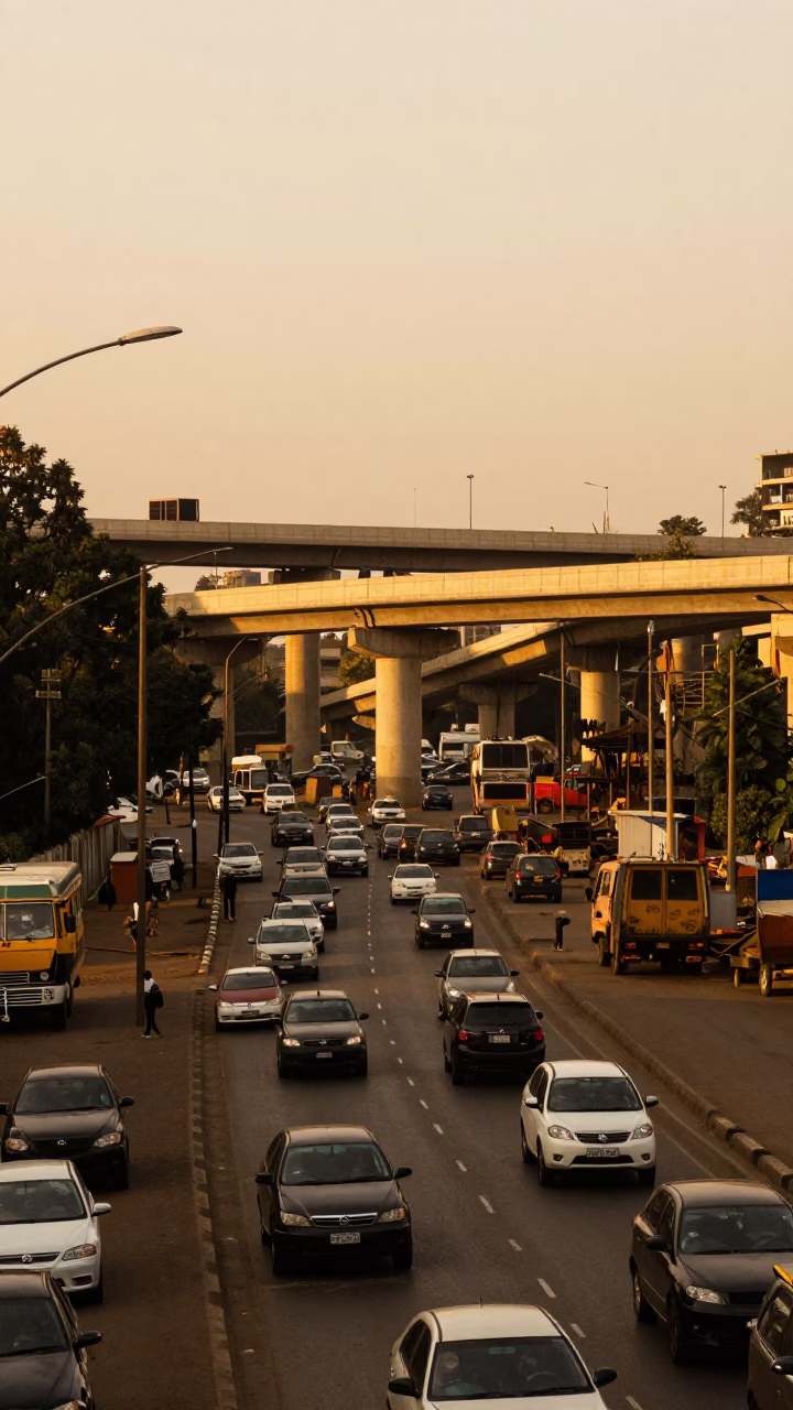 Nairobi Evening Traffic and Construction Site in Honeyed Light in in Nairobi, Kenya