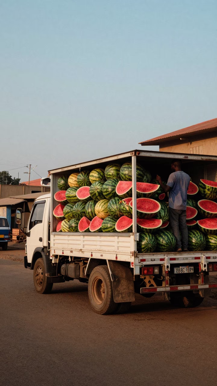 Nairobi Kenya Before Sunrise Street Scene with Watermelon Truck and Clay Teapot in in Nairobi, Kenya