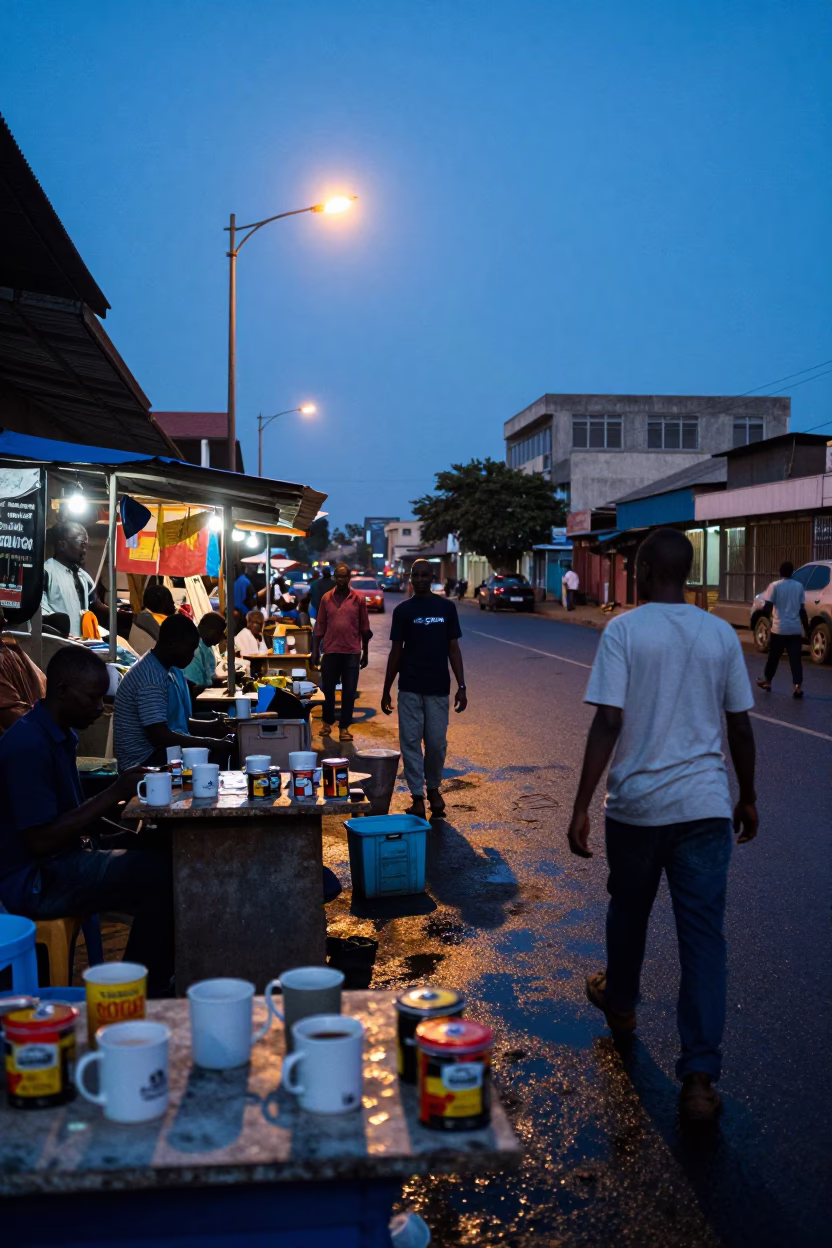 Nairobi Kenya Blue Hour Street Scene with Coffee Mugs and Spice Tins in in Nairobi, Kenya