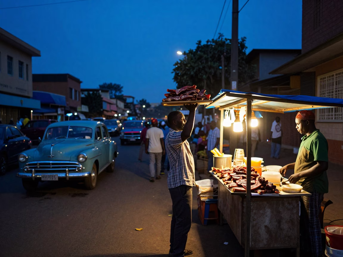 Nairobi Kenya Blue Hour Street Scene with Food Vendors and Vintage Cars in in Nairobi, Kenya