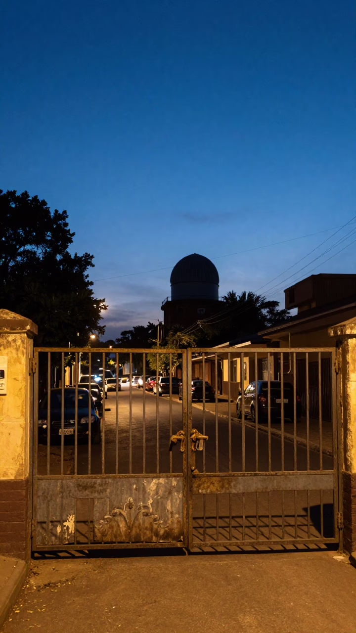 Nairobi Kenya Blue Hour Street Scene with Garden Gate and Observatory Silhouette in in Nairobi, Kenya