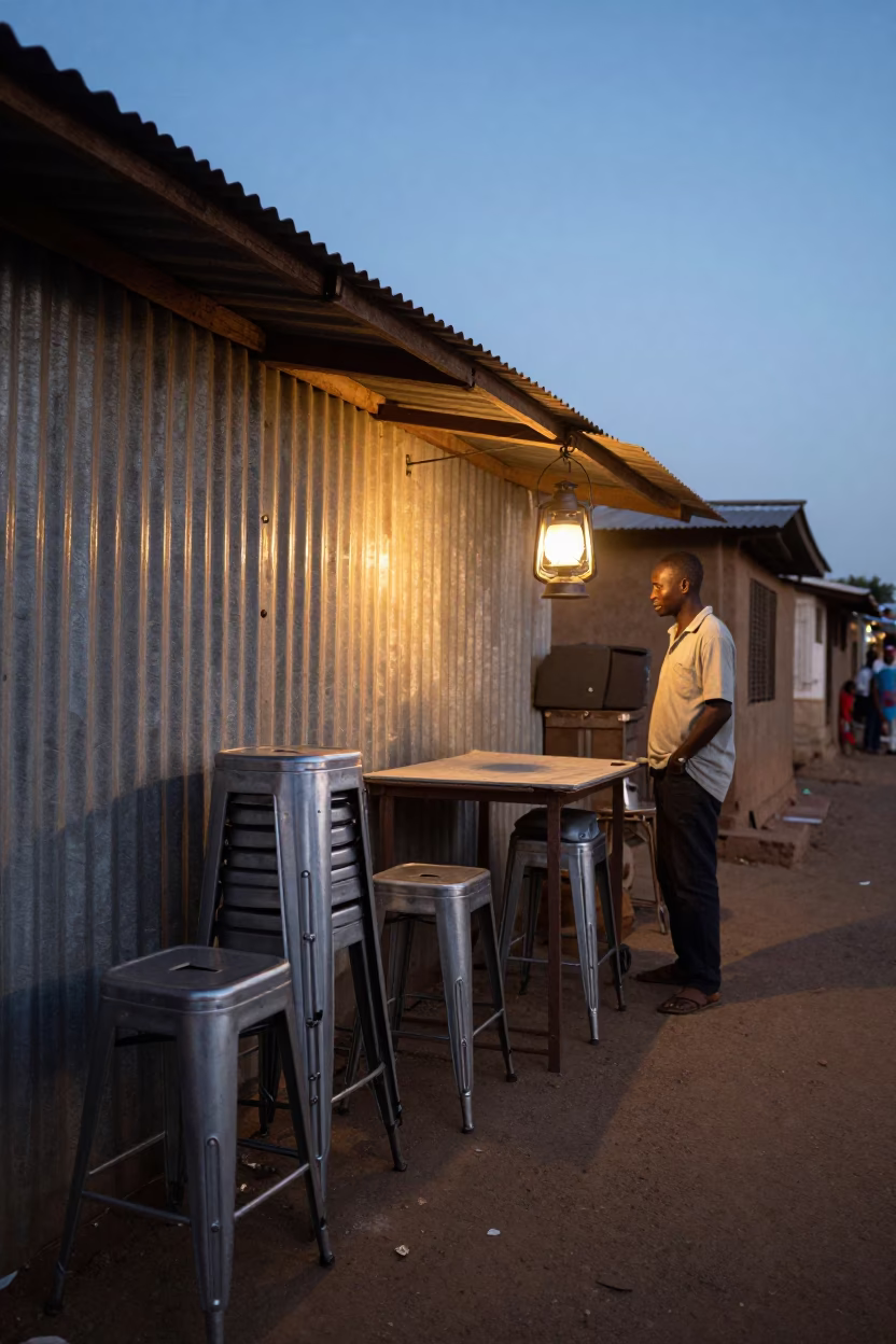 Nairobi Kenya Blue Hour Street Scene with Metal Stools and Oil Lamp in in Nairobi, Kenya