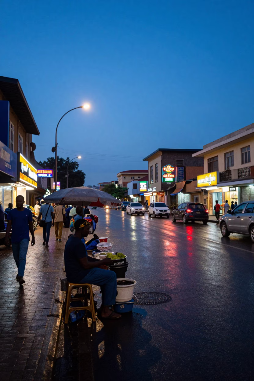 Nairobi Kenya Blue Hour Street Scene with Vendor and Neon Lights in in Nairobi, Kenya