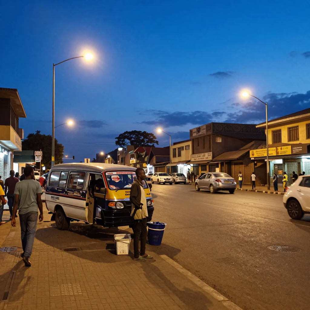 Nairobi Kenya Blue Hour Street Scene with Vendor and Pedestrians in in Nairobi, Kenya