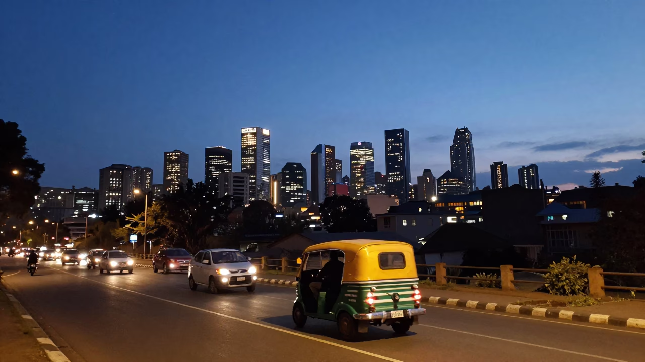 Nairobi Kenya City Lights Glow Dusk Urban Skyline Street Scene in in Nairobi, Kenya