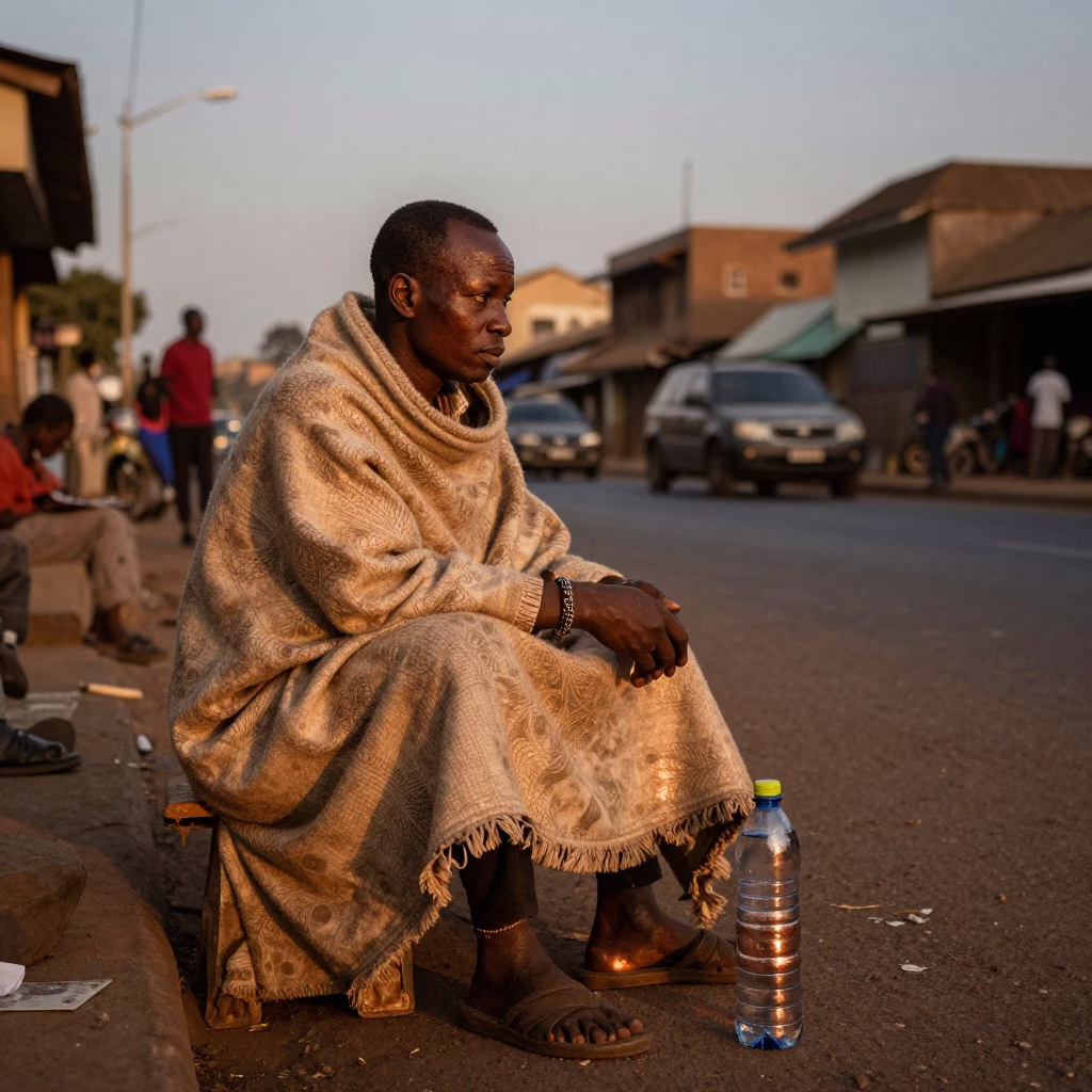 Nairobi Kenya Copper Dusk Street Vendor with Blanket and Bottle in Urban Setting in in Nairobi, Kenya