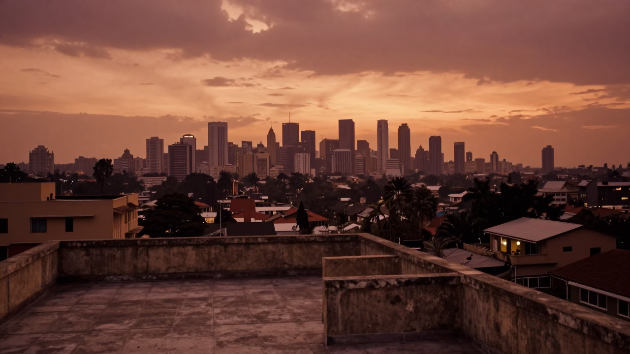 Nairobi Kenya Copper Toned Dusk Skyline View from Rooftop Terrace with Urban Street Life in in Nairobi, Kenya