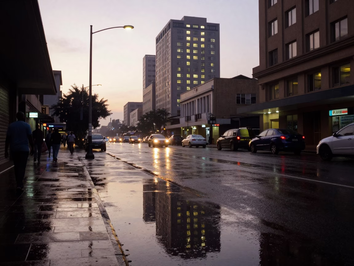 Nairobi Kenya Dawn Street Scene with Puddle Reflections and Hotel Windows in in Nairobi, Kenya