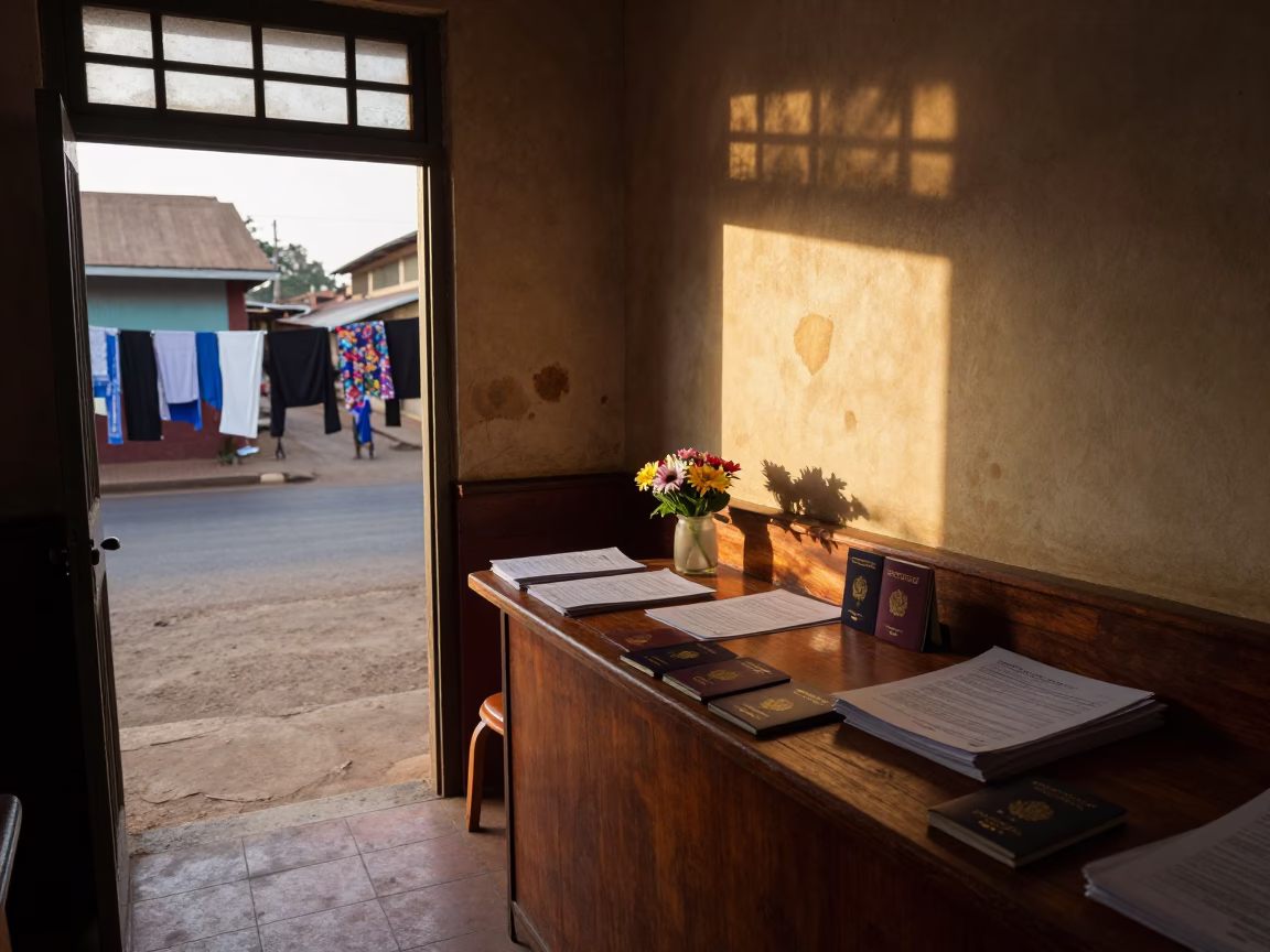 Nairobi Kenya Dawn Street Scene with Tea Stains and Laundry Pins at Reception Desk in in Nairobi, Kenya