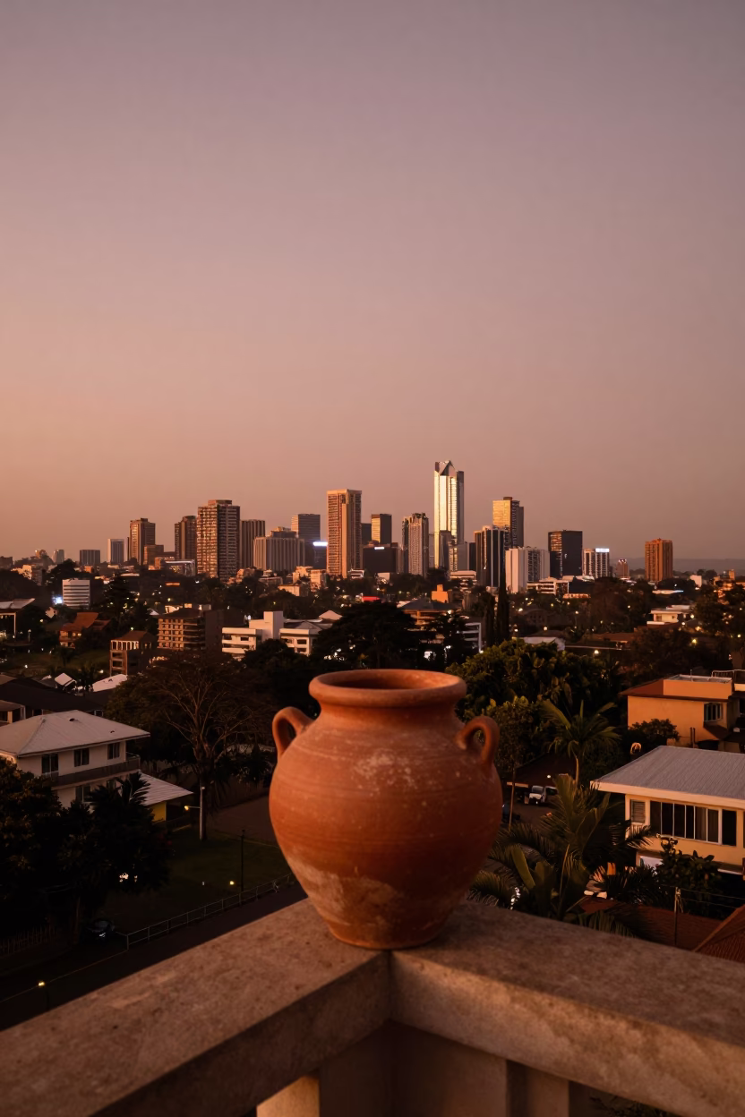Nairobi Kenya Dusk Skyline View with Clay Pot on Balcony and Monorail in in Nairobi, Kenya