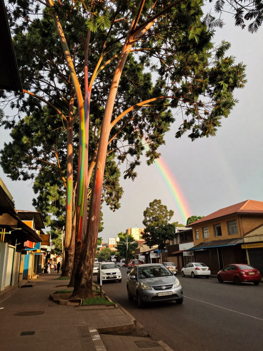 Nairobi Kenya Early Afternoon Rainbow Eucalyptus Trees and Busy Urban Street Scene in in Nairobi, Kenya