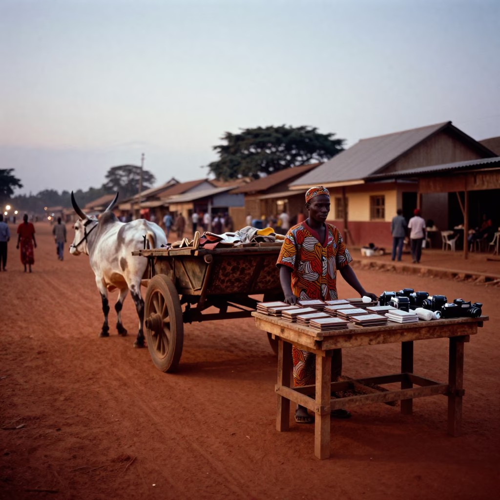 Nairobi Kenya Early Evening Street Scene with Ox Cart and Local Commerce in in Nairobi, Kenya