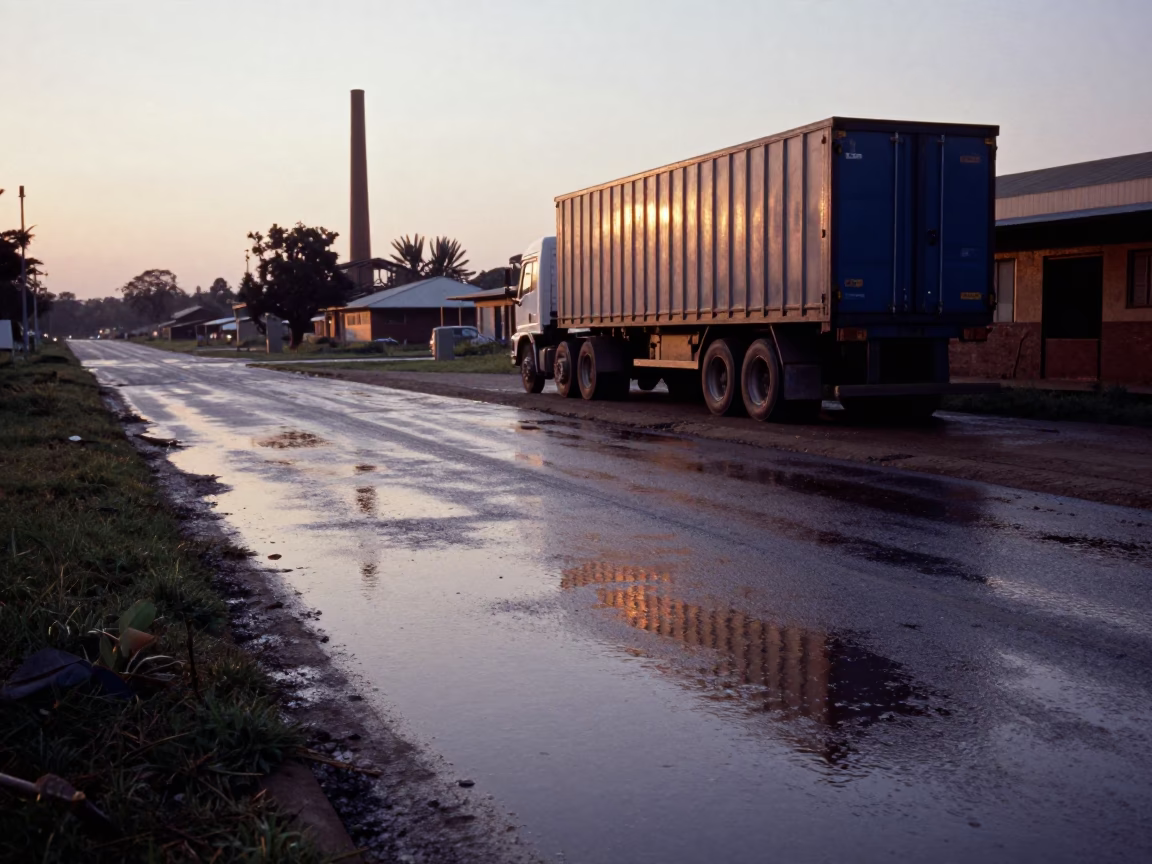Nairobi Kenya Early Evening Substation Road Puddle and Industrial Logistics Scene in in Nairobi, Kenya