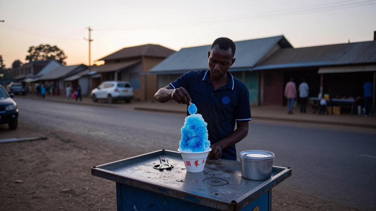 Nairobi Kenya early morning street vendor serving shaved ice with condensed milk before sunrise in in Nairobi, Kenya