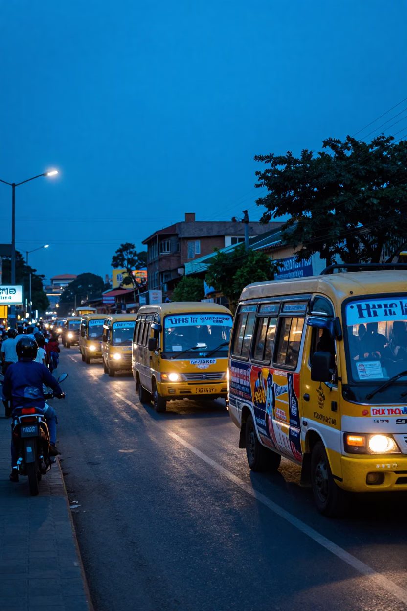 Nairobi Kenya Evening Blue Hour Matatu Traffic and Urban Street Life in in Nairobi, Kenya