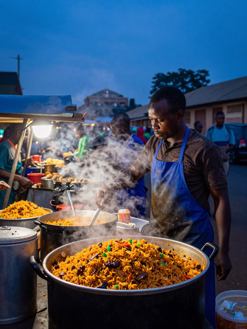 Nairobi Kenya Evening Street Food Stall Cooking Jollof Rice and Fried Plantain Under Twilight in in Nairobi, Kenya
