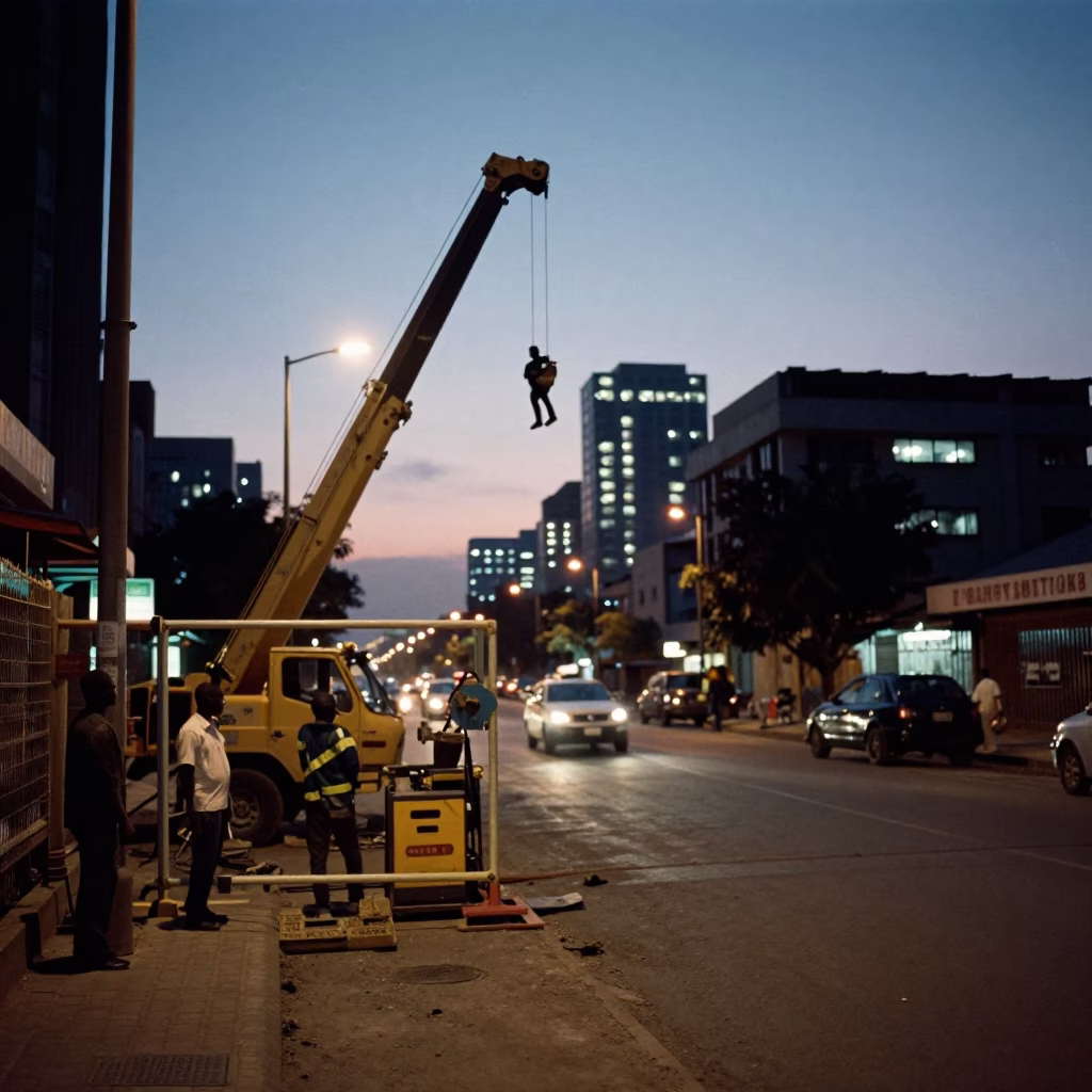 Nairobi Kenya Evening Street Scene with Construction Elevator Gate and Rebar Bundles in in Nairobi, Kenya