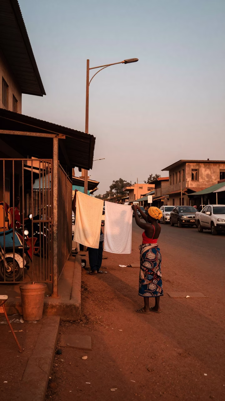 Nairobi Kenya Evening Street Scene with Drying Towels and Urban Life Before Dusk in in Nairobi, Kenya
