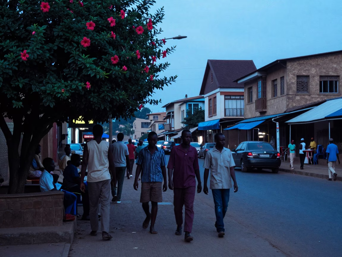 Nairobi Kenya Evening Street Scene with Hibiscus Flower and Local Market Activity in in Nairobi, Kenya