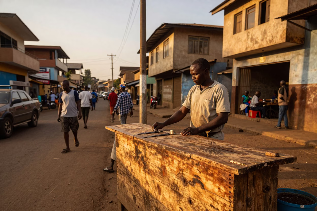 Nairobi Kenya Evening Street Scene with Local Vendor and Wooden Stall Details in in Nairobi, Kenya