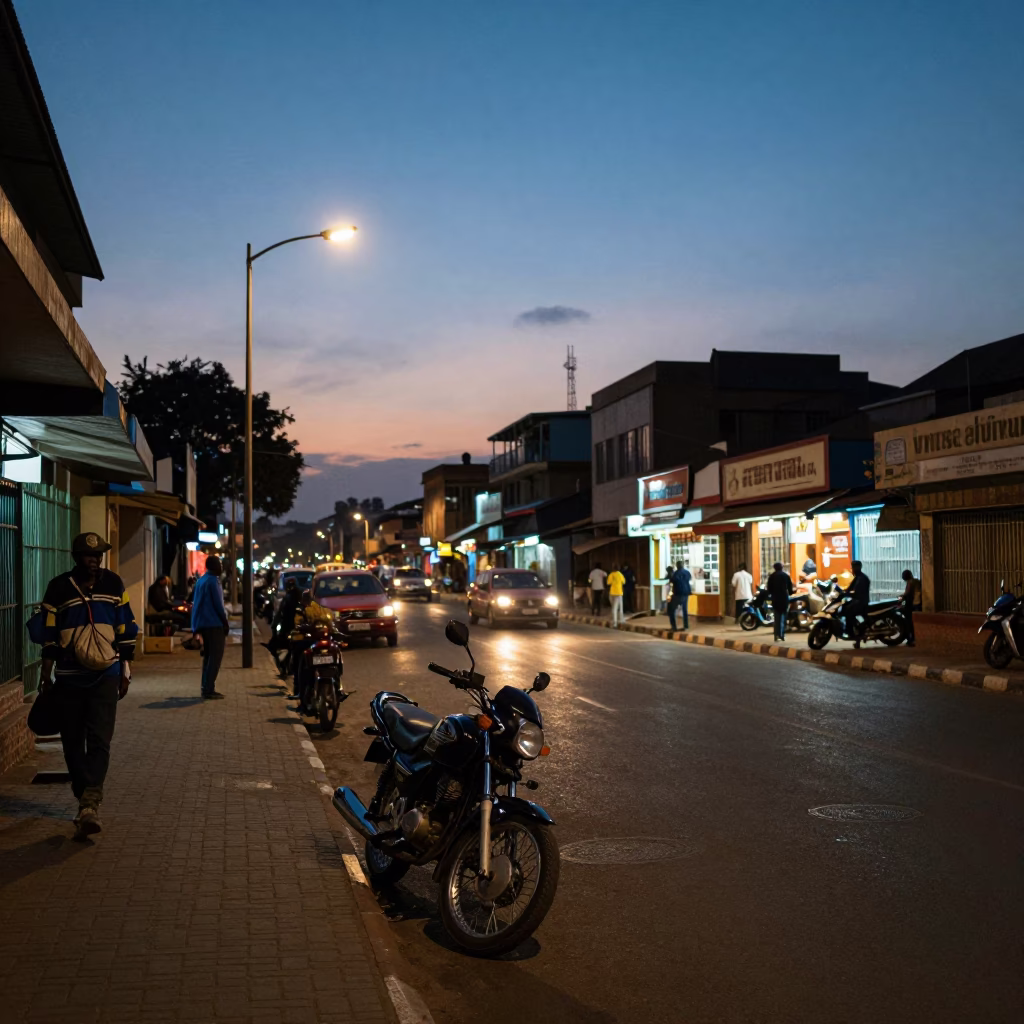 Nairobi Kenya Evening Street Scene with Motorcycle and Local Commerce in in Nairobi, Kenya