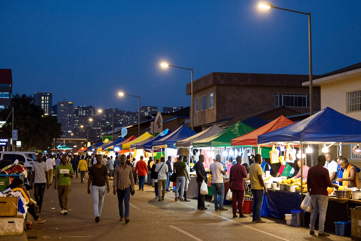 Nairobi Kenya Evening Street Scene with Night Market Food Court and Local Activity in in Nairobi, Kenya