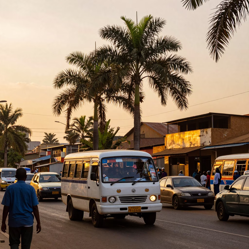 Nairobi Kenya Evening Street Scene with Palm Trees and Local Life in Honeyed Light in in Nairobi, Kenya