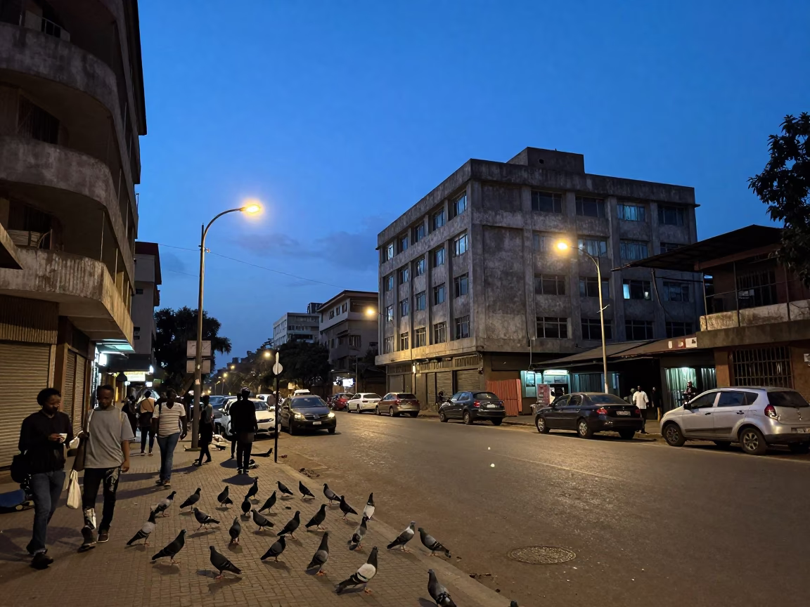 Nairobi Kenya Evening Street Scene with Pigeons and Urban Infrastructure in in Nairobi, Kenya