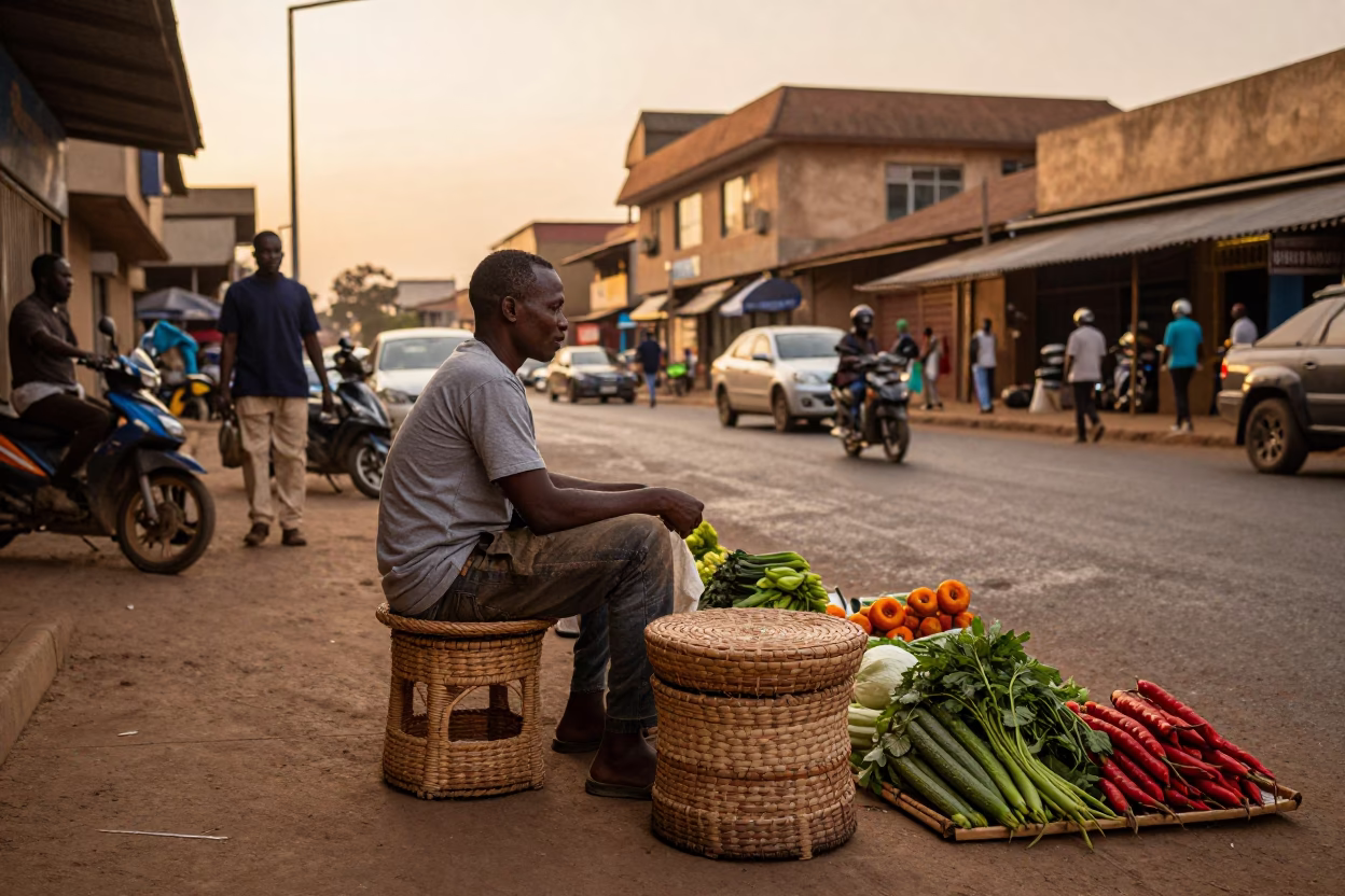 Nairobi Kenya Evening Street Scene with Rattan Stool and Local Market Life in in Nairobi, Kenya