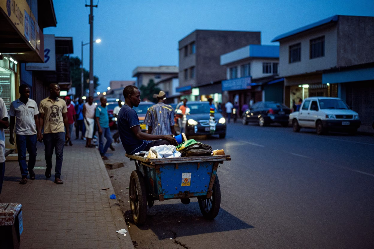 Nairobi Kenya Evening Street Scene with Rolling Vendor Carts and Local Activity in in Nairobi, Kenya
