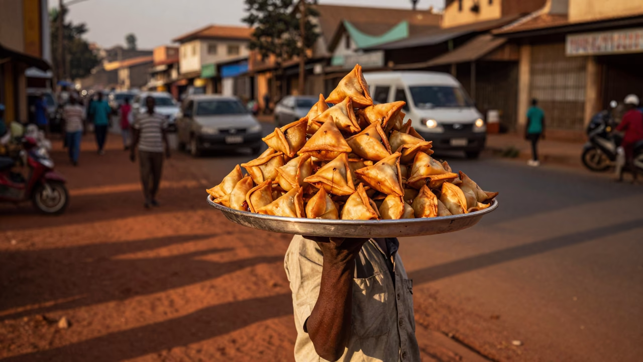 Nairobi Kenya Evening Street Scene with Sambusa Tray and Urban Life in in Nairobi, Kenya