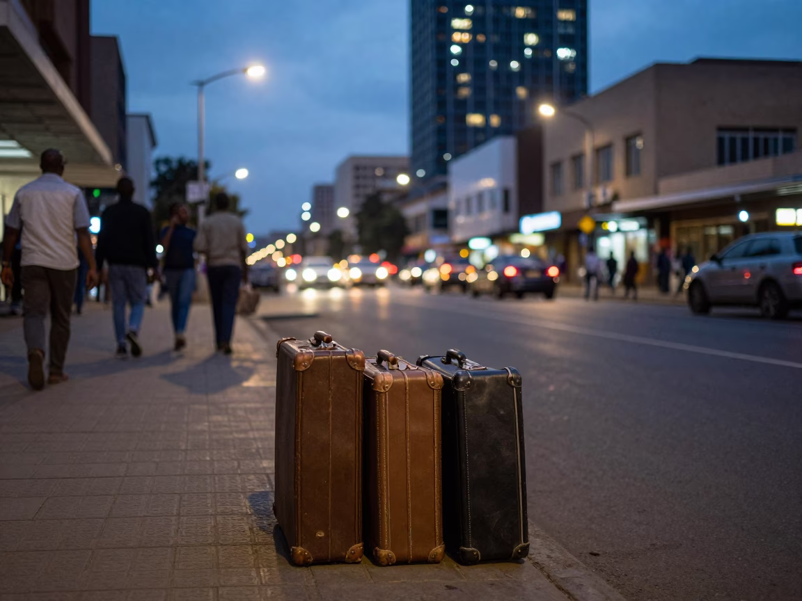 Nairobi Kenya Evening Street Scene with Suitcases and City Lights in in Nairobi, Kenya