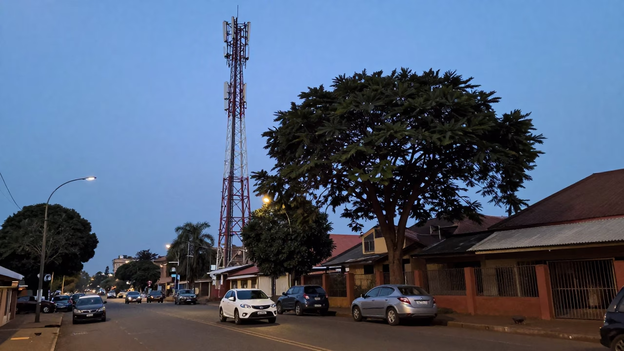 Nairobi Kenya Evening Street Scene with Telecommunication Mast and Tree in in Nairobi, Kenya