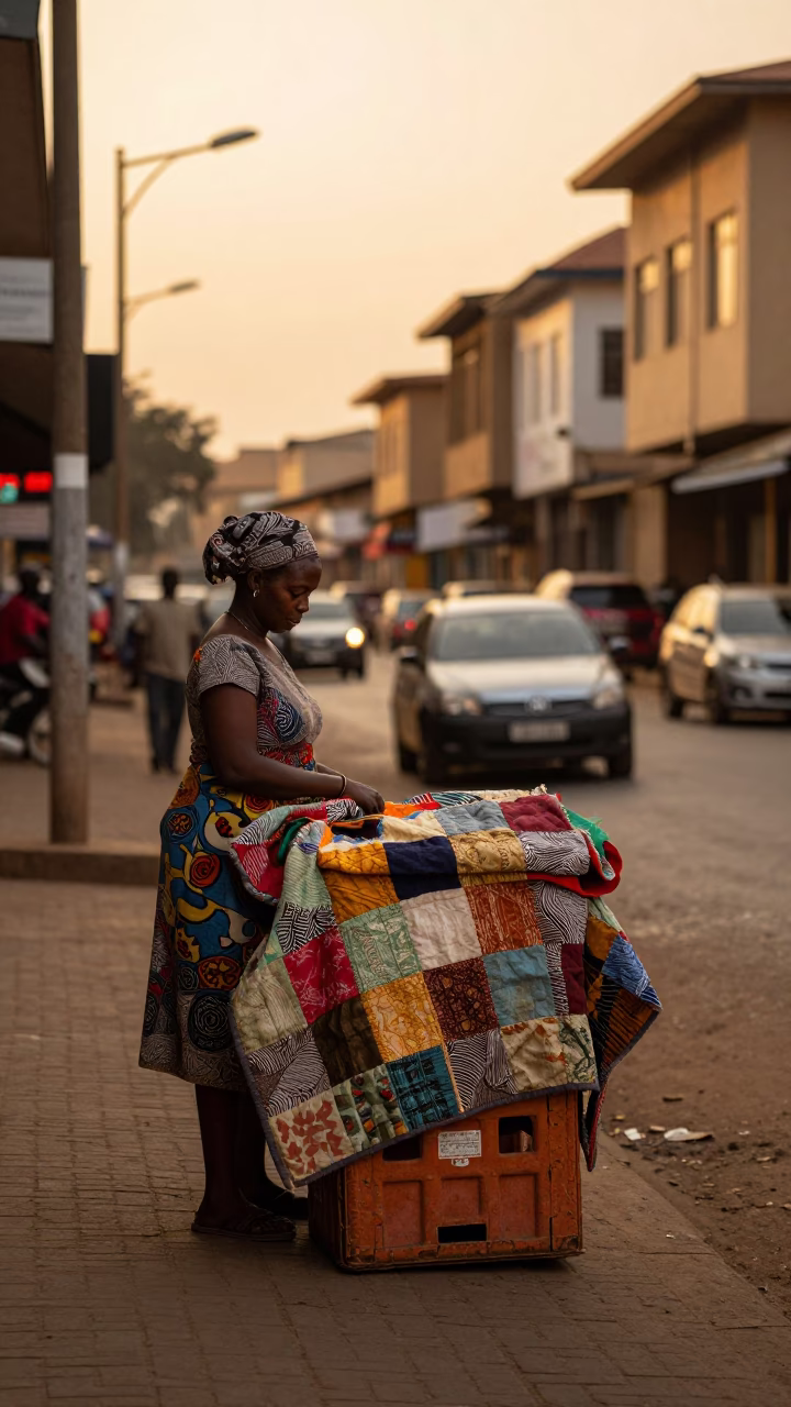 Nairobi Kenya Evening Street Scene with Vintage Quilt and Terracotta Pot in Honeyed Light in in Nairobi, Kenya