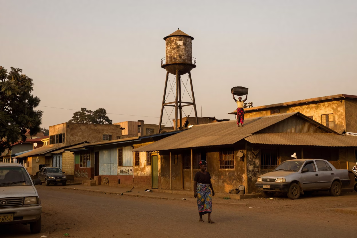 Nairobi Kenya Evening Street Scene with Water Tower and Local Life in in Nairobi, Kenya