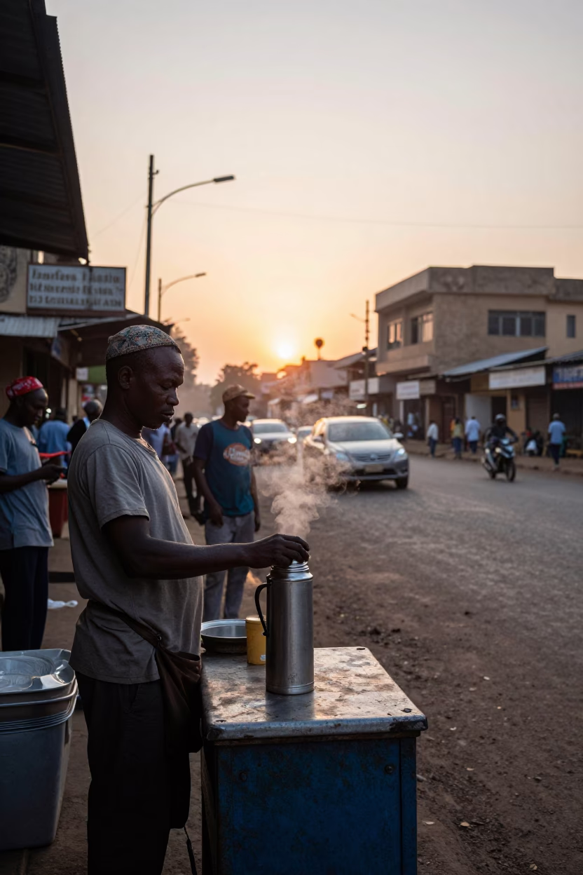 Nairobi Kenya First Light Dawn Street Scene with Thermos and Cardigans in in Nairobi, Kenya
