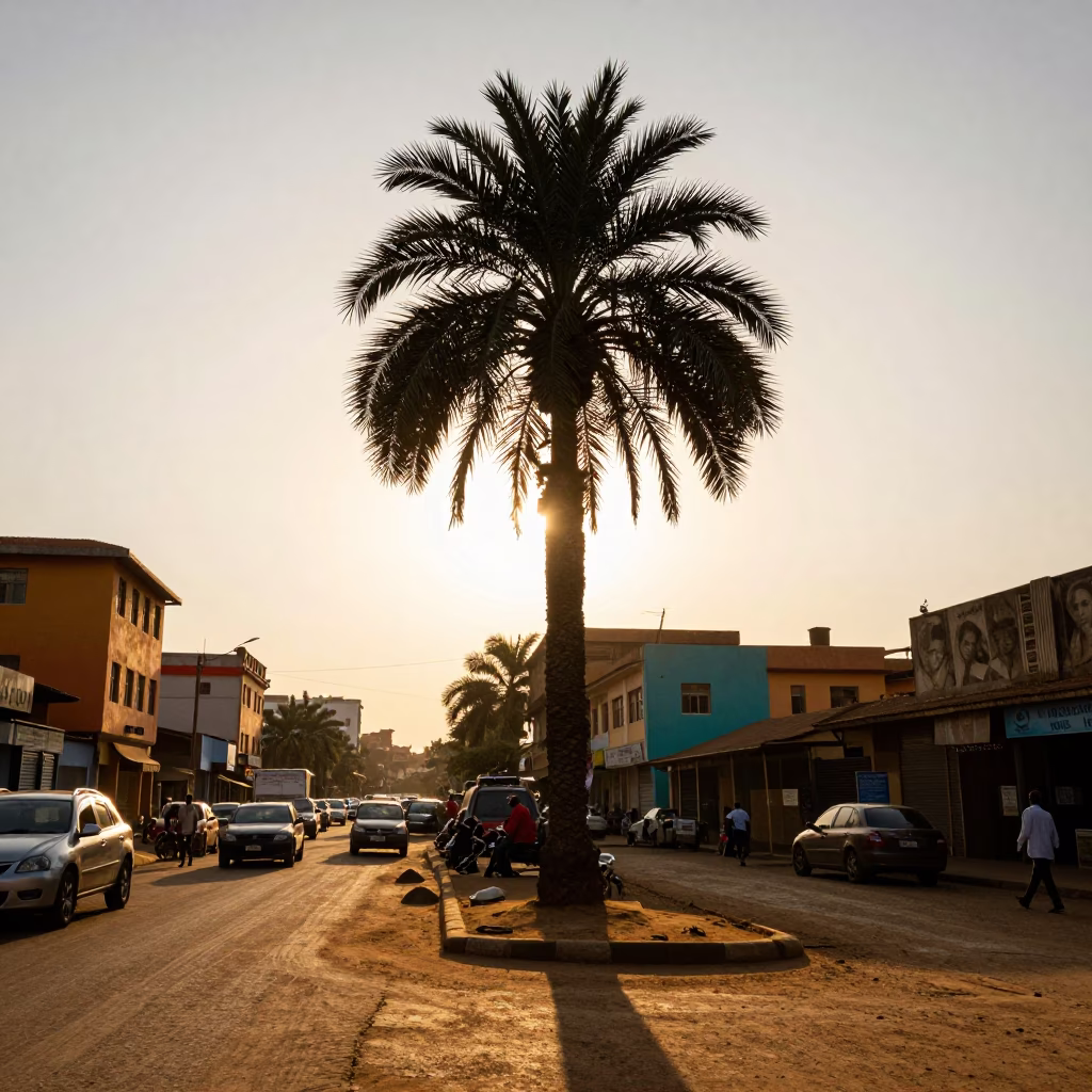 Nairobi Kenya Golden Hour Street Scene with Palm Tree Silhouette and Colorful Market Activity in in Nairobi, Kenya